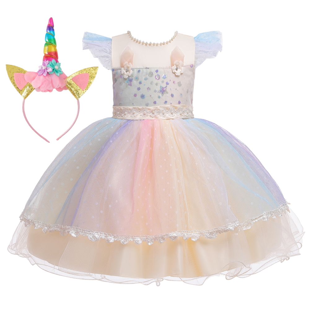 European Style colorful fluffy festival kids night dress for girl lovely crew neck party girls' dresses0-5 years old