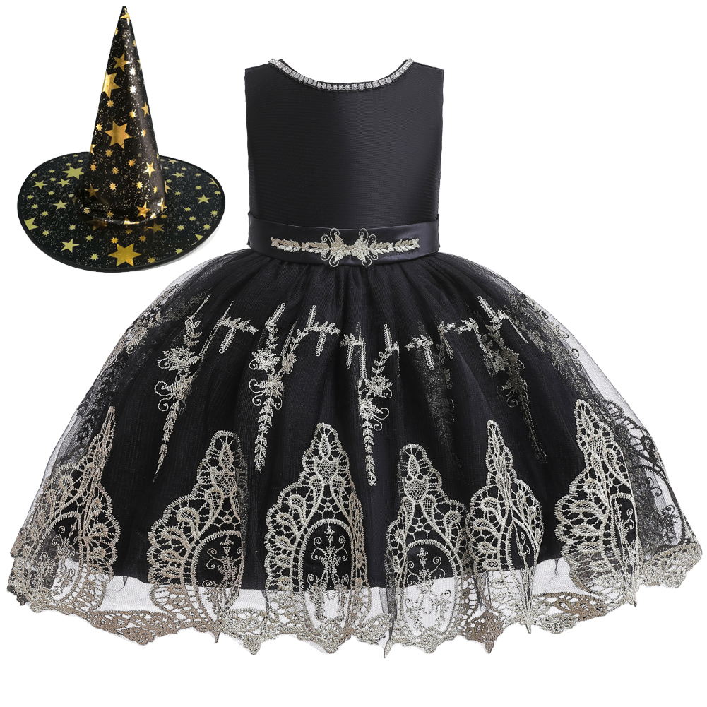 Child beading festival banquet dress kids sleeveless black embroidered fluffy baby girls dress designs 2-10 years old