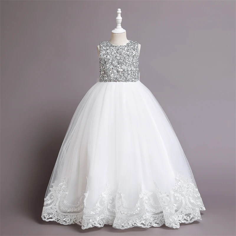 Elegant and generous girls dresses Sequin lace Girl Birthday Party Dress round neck sleeveless Wedding Flower Girl Dress