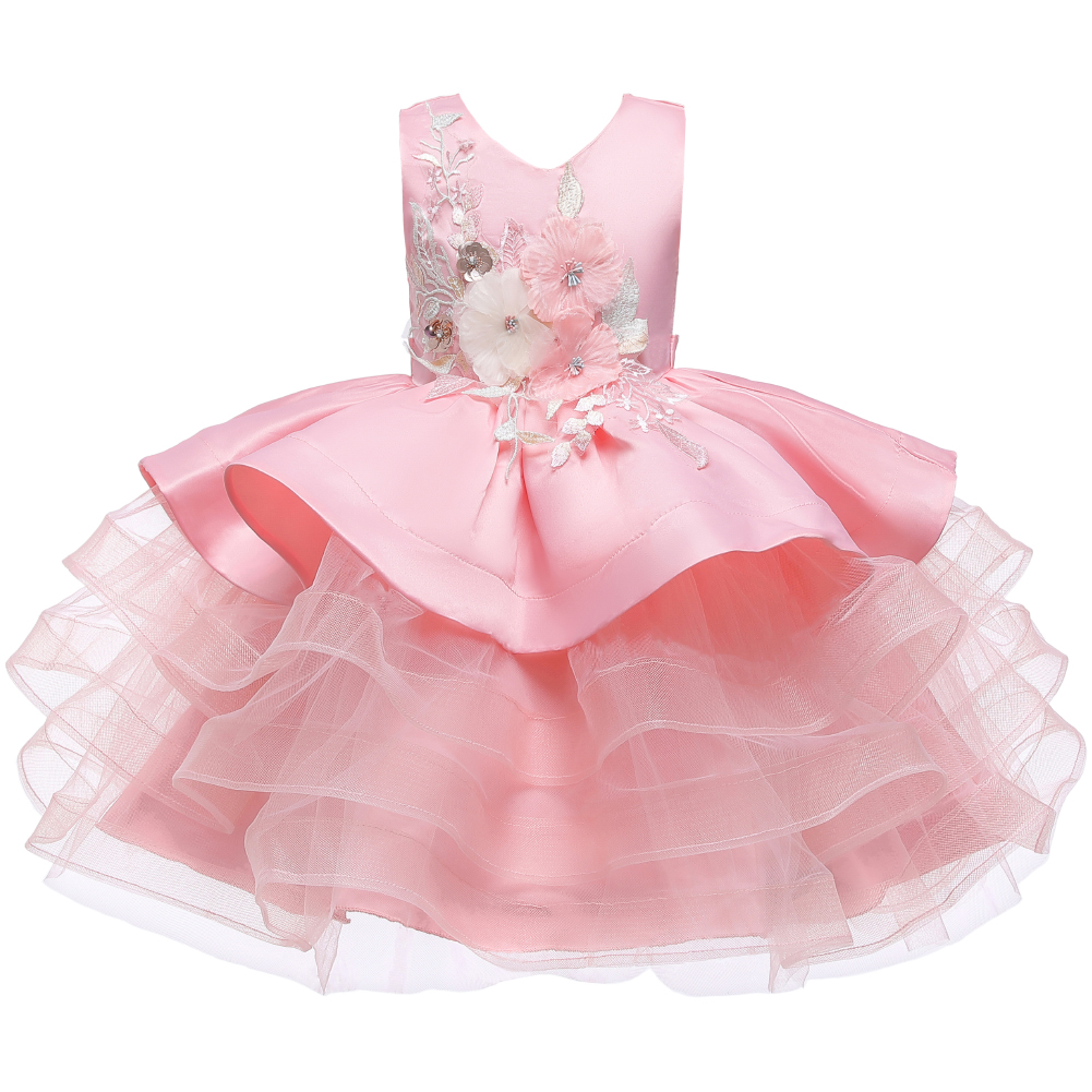 Summer applique baby party dress elegant and cute children beautiful dresses for girls wedding gown mesh kids princess dress