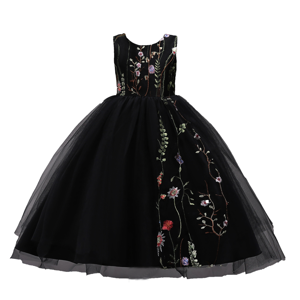 Black Elegant Banquet children's Princess Evening Dress big flower girl dresses for 4-15years old Fluffy kid birthday party dresses