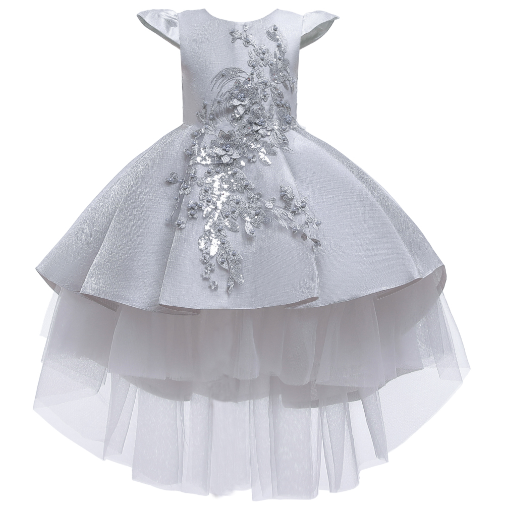 Western style tailed girl wedding dress elegant crew neck baby girls dress design kid beaded dresses for girls of 3-12 year old