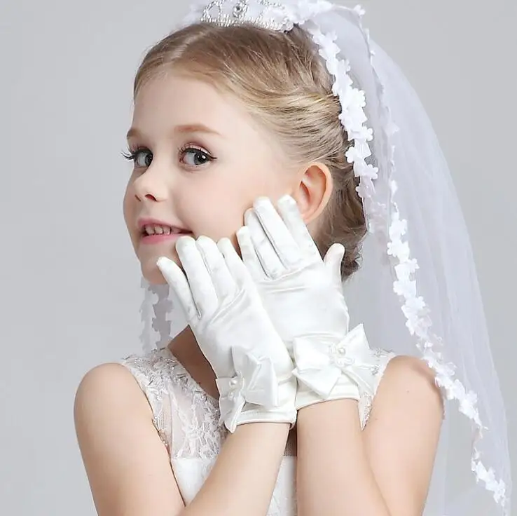 Girls Bowknot Gloves Children's Dress flower girl satin wedding gloves girl performance dance bridal short gloves wholesale