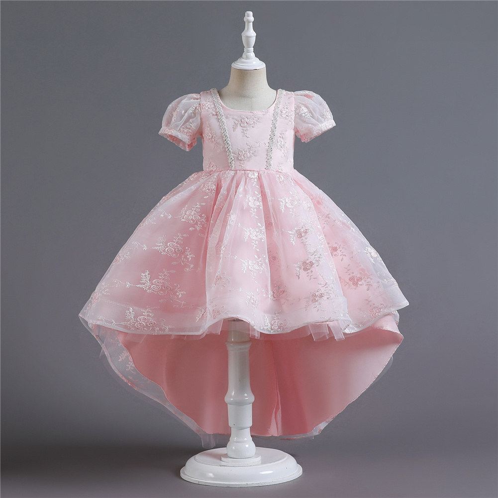 New style short sleeved children's beautiful dress flower girls tutu dress for 10 years old long tail pink kids party dress