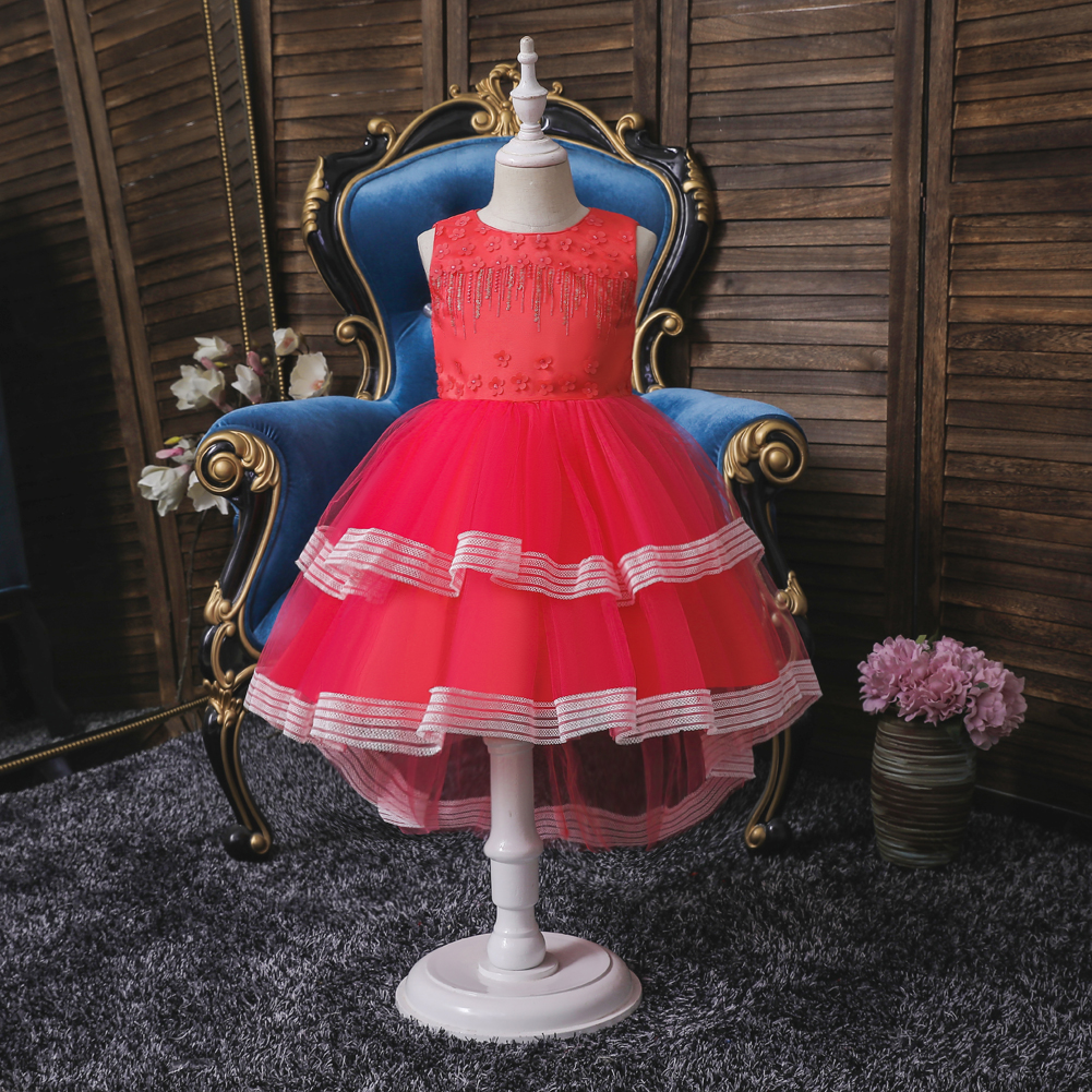 Hot Selling gown for kids girls wedding dress trailing fancy dress frock fashion christmas Party Little baby Girls Dress pink