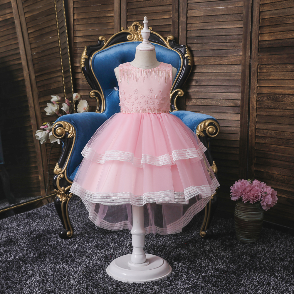 Hot Selling gown for kids girls wedding dress trailing fancy dress frock fashion christmas Party Little baby Girls Dress pink