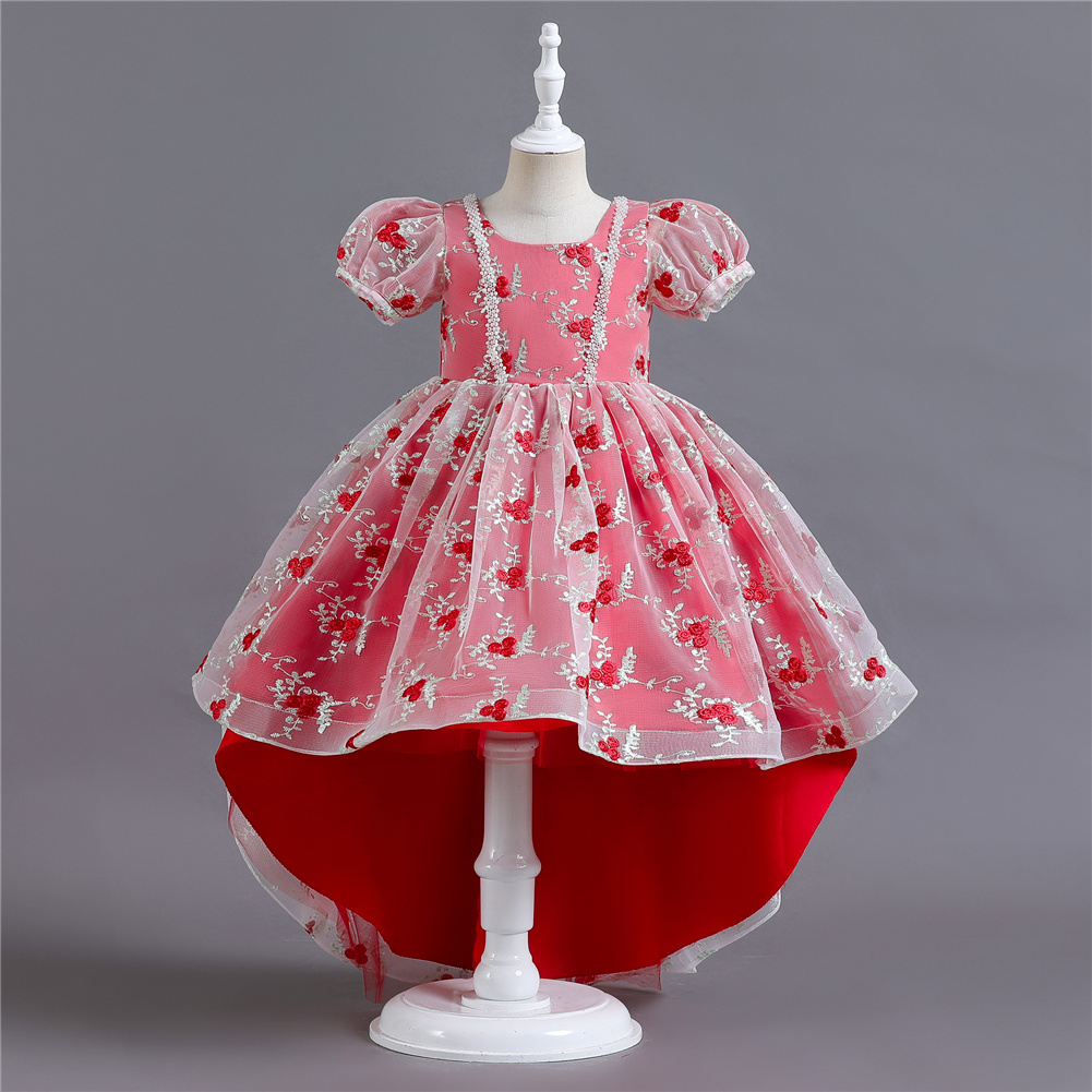 New style short sleeved children's beautiful dress flower girls tutu dress for 10 years old long tail pink kids party dress