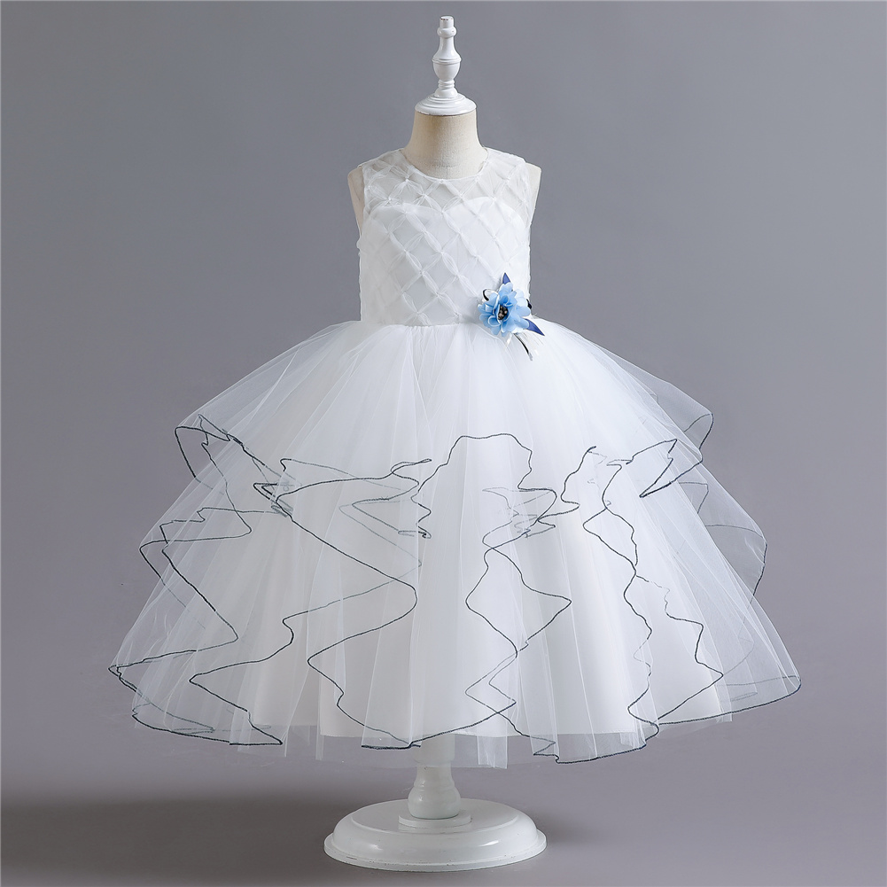 Summer fresh girl princess cake dress white sleeveless flowers party dress for kids girl wedding dress 5-14 years old