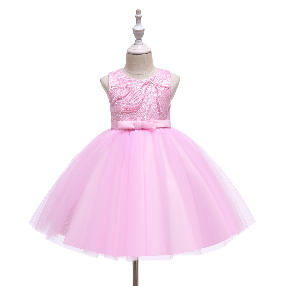 Pearl design round neck kids party dress western-style exquisite baby girl dresses party solid color children's clothing