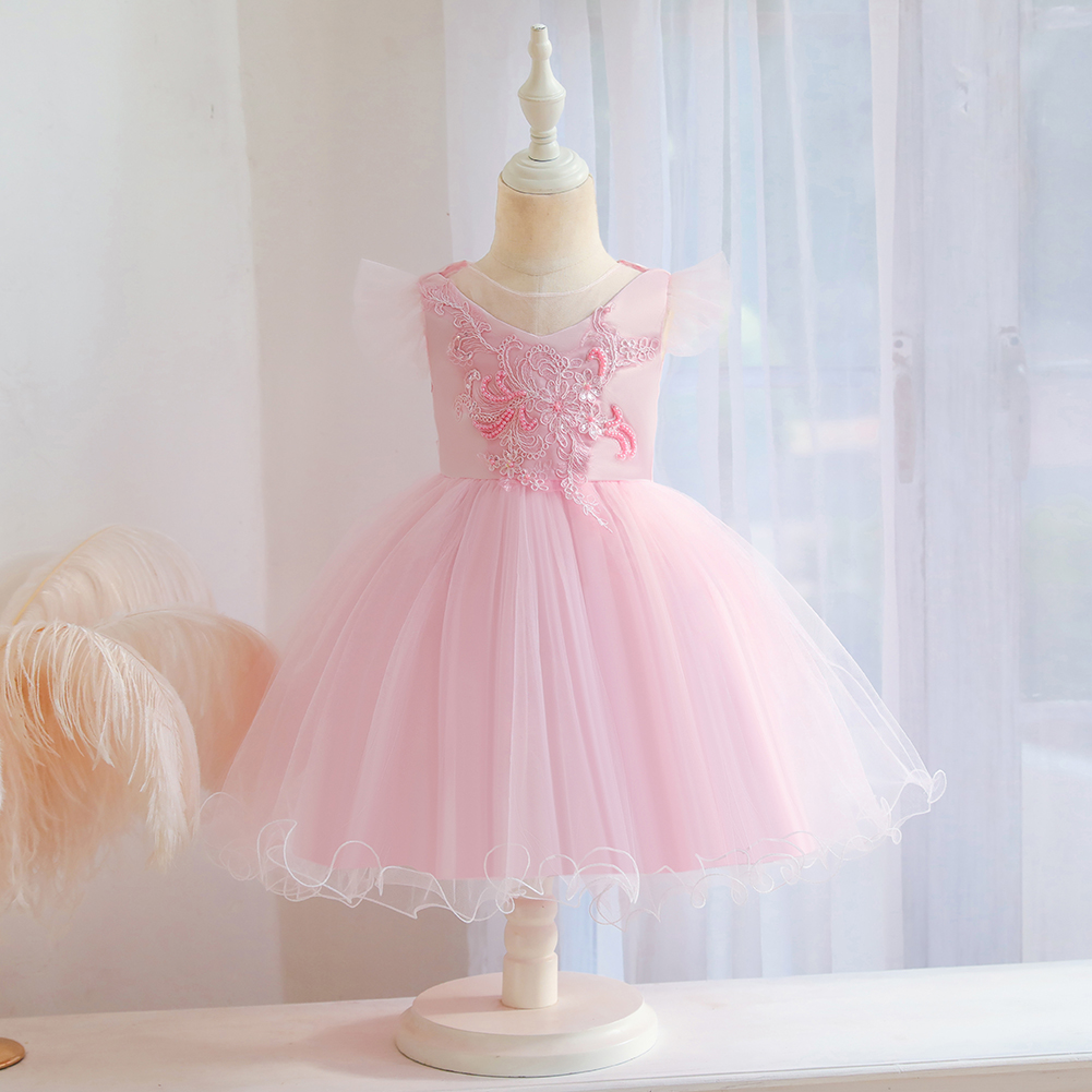 Western-style baby girl champagne cute dress tulle flying sleeve desig