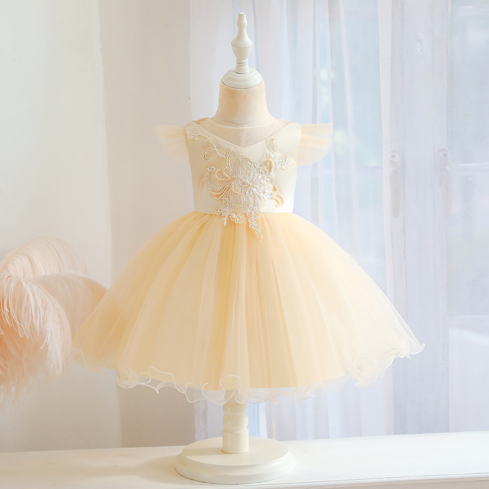 Western-style baby girl champagne cute dress tulle flying sleeve design girl birthday party dress fashionable children's wear
