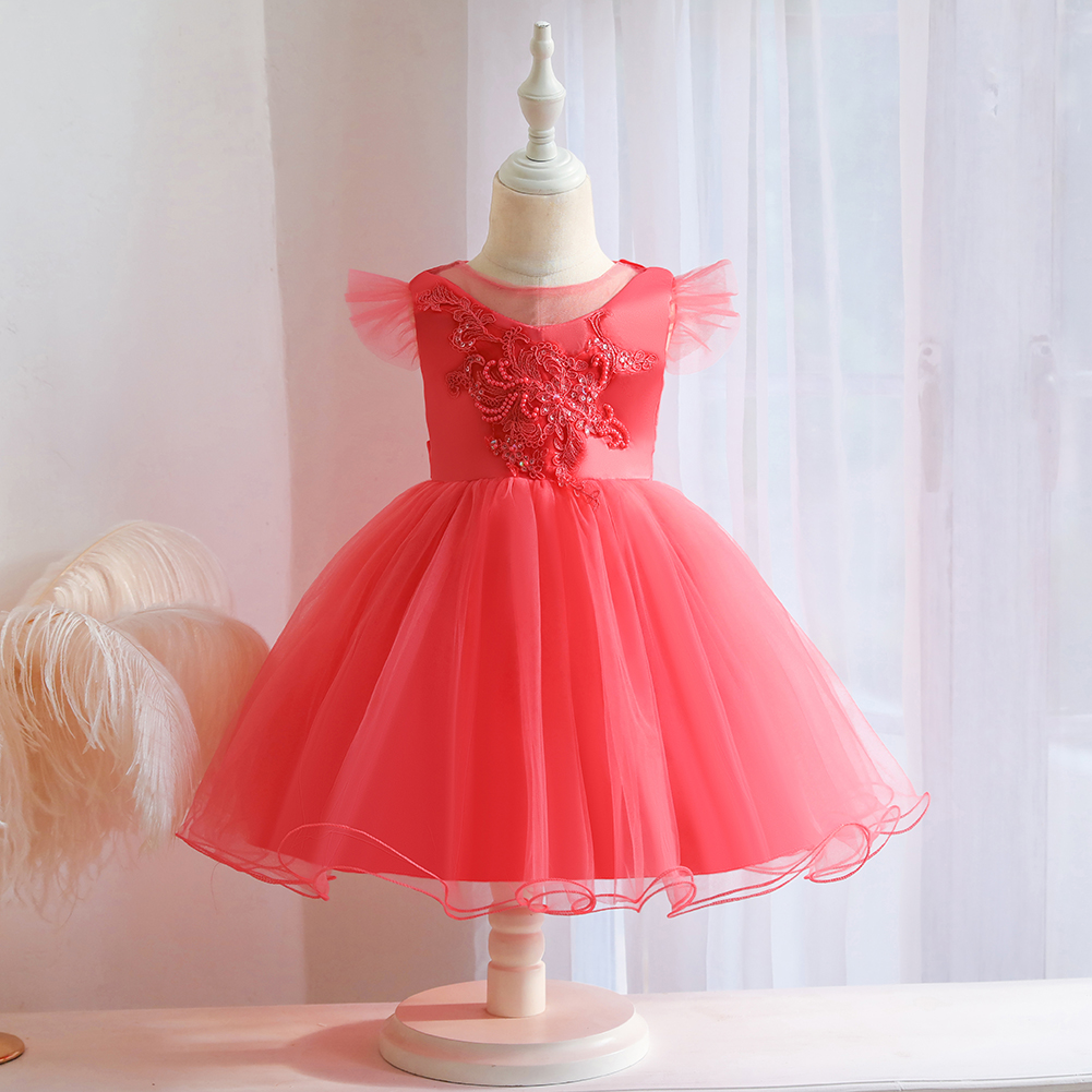 Western-style baby girl champagne cute dress tulle flying sleeve design girl birthday party dress fashionable children's wear