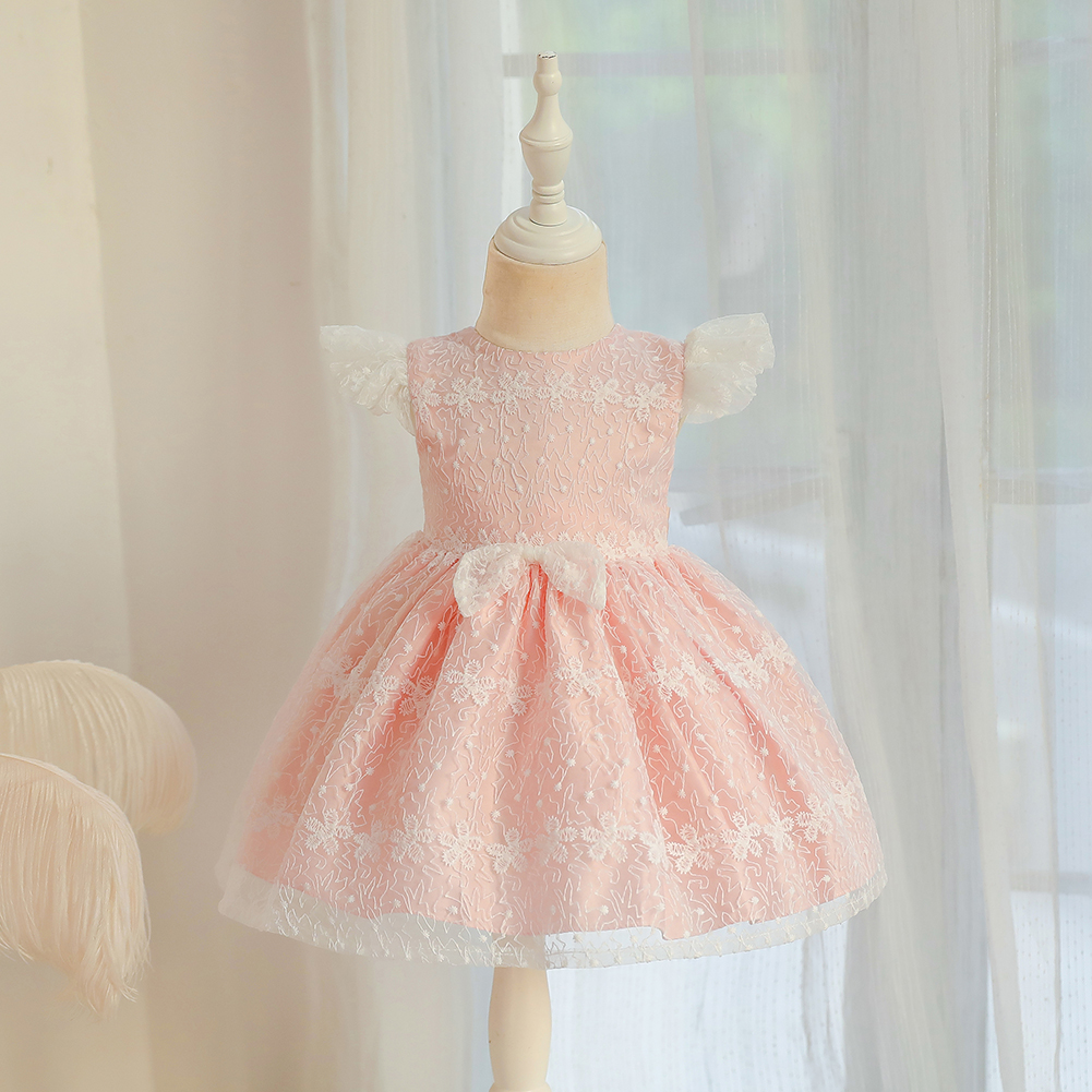 Korean Style Embroidered little girl Princess Dress flying sleeve children's party dress bow girl's birthday party dress
