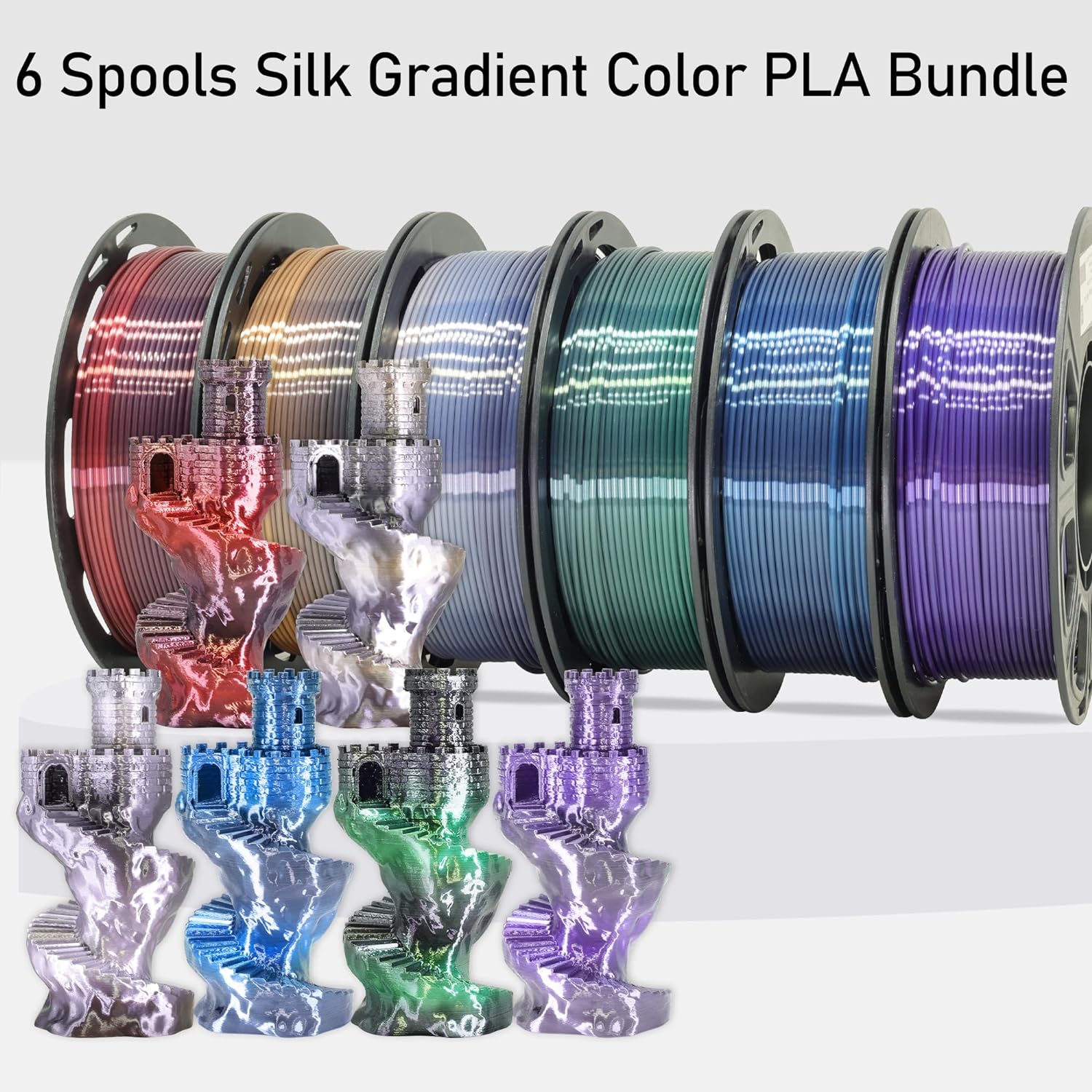 6 Spools Fast 2 Color Change Silk PLA 3D Printer Filament Bundle