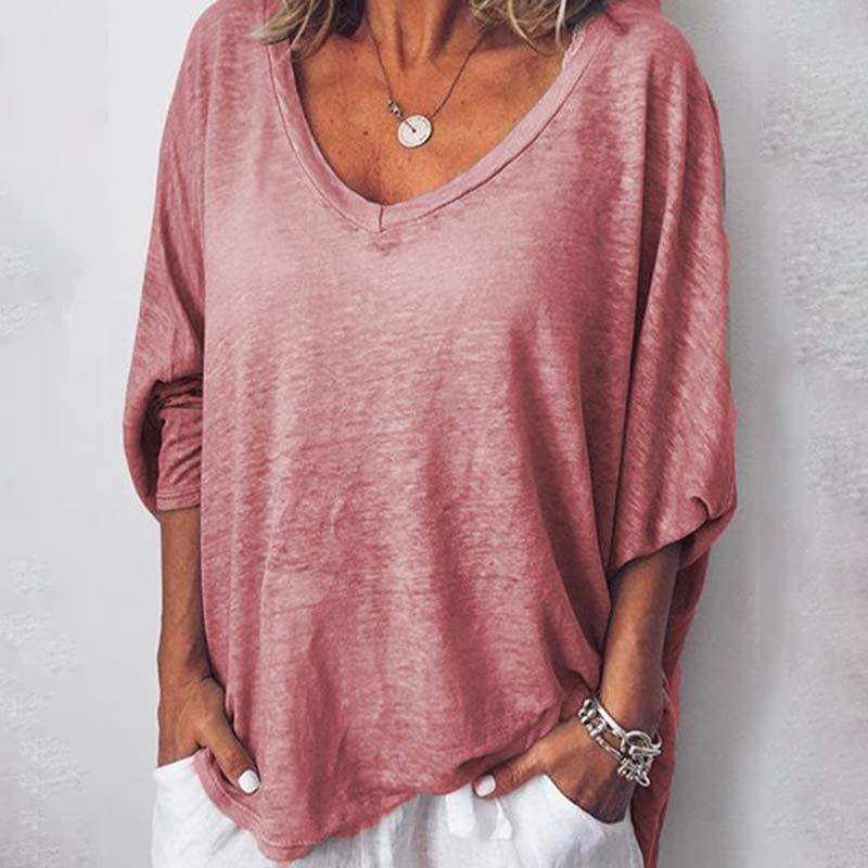Solid Color V-neck Bat Sleeves Casual Loose T-Shirt