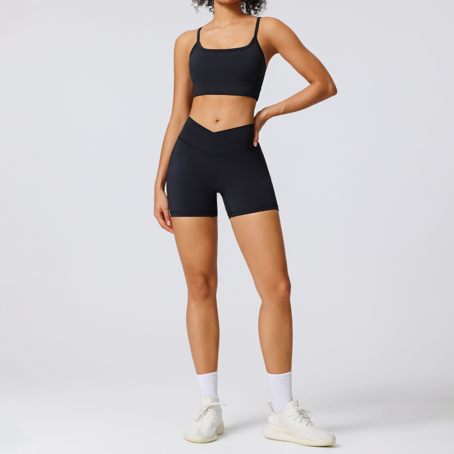 High Elastic Outdoor Yoga Shorts Cross Waist Design Sports Shorts