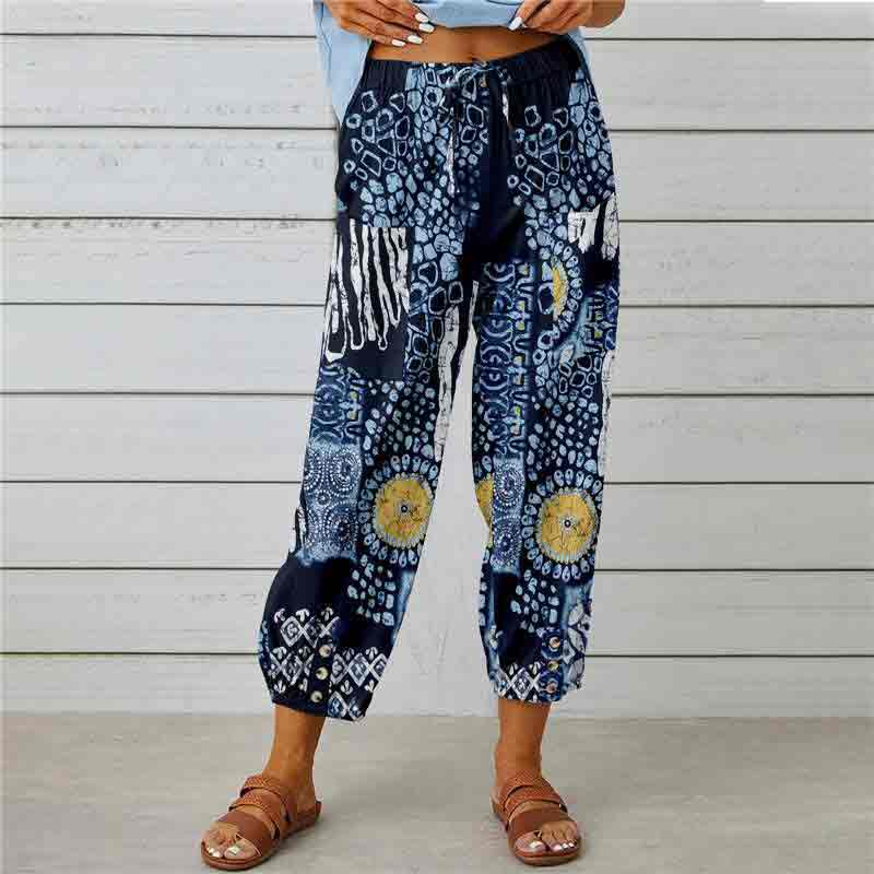 Retro Printed Elastic Waist Drawstring Button Decorated Cropped Trousers