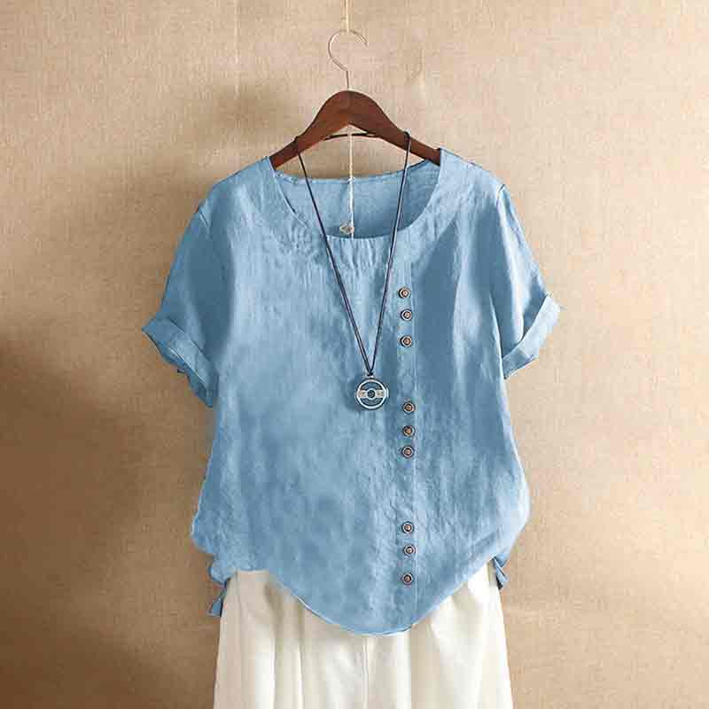 Casual Solid Color Round Neck Button Decorated Short Sleeve Loose Shirt
