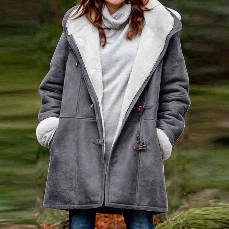 Solid Color Hoodie Long Sleeve Pockets Horn Button Fleece Coat