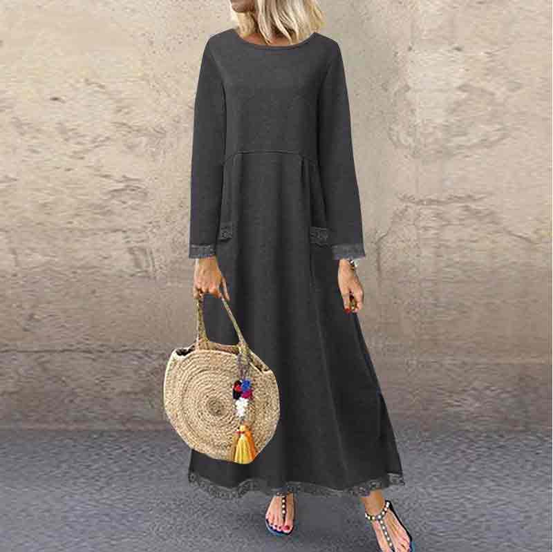 Elegant Loose Solid Color Fleece Pockets Autumn Winter Dress