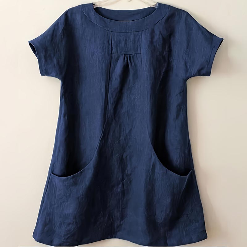 Solid Color Large Pocket Short Sleeve Round Neck Top