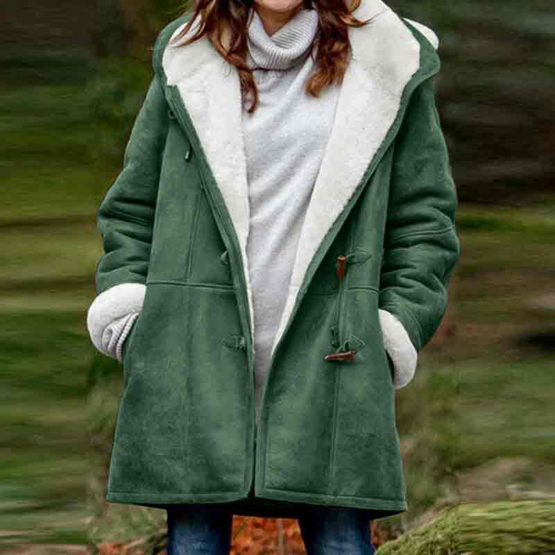 Solid Color Hoodie Long Sleeve Pockets Horn Button Fleece Coat