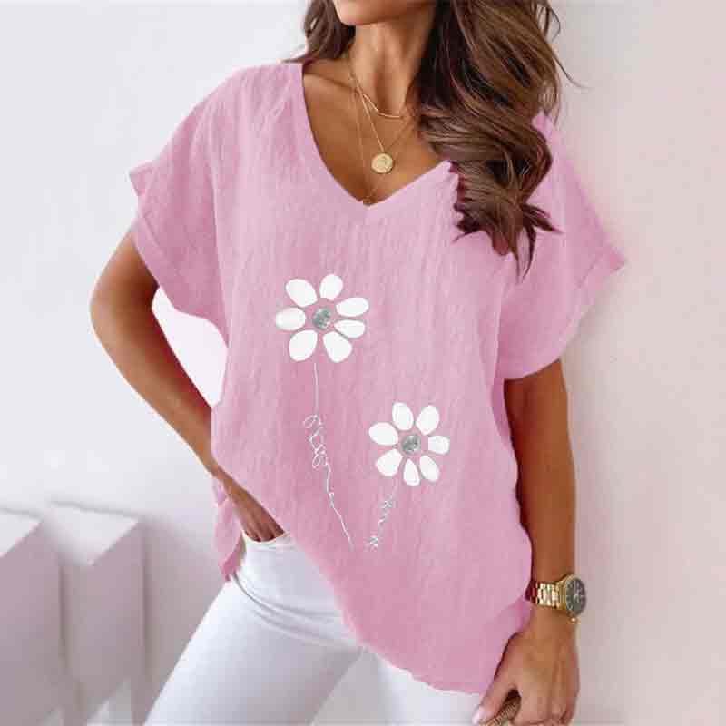 Floral Printed V Neck Casual Loose Short Sleeve T-shirt
