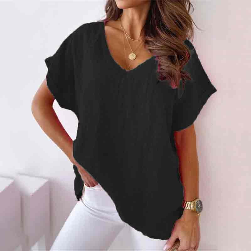 Solid Color V Neck Casual Loose Short Sleeve T-shirt
