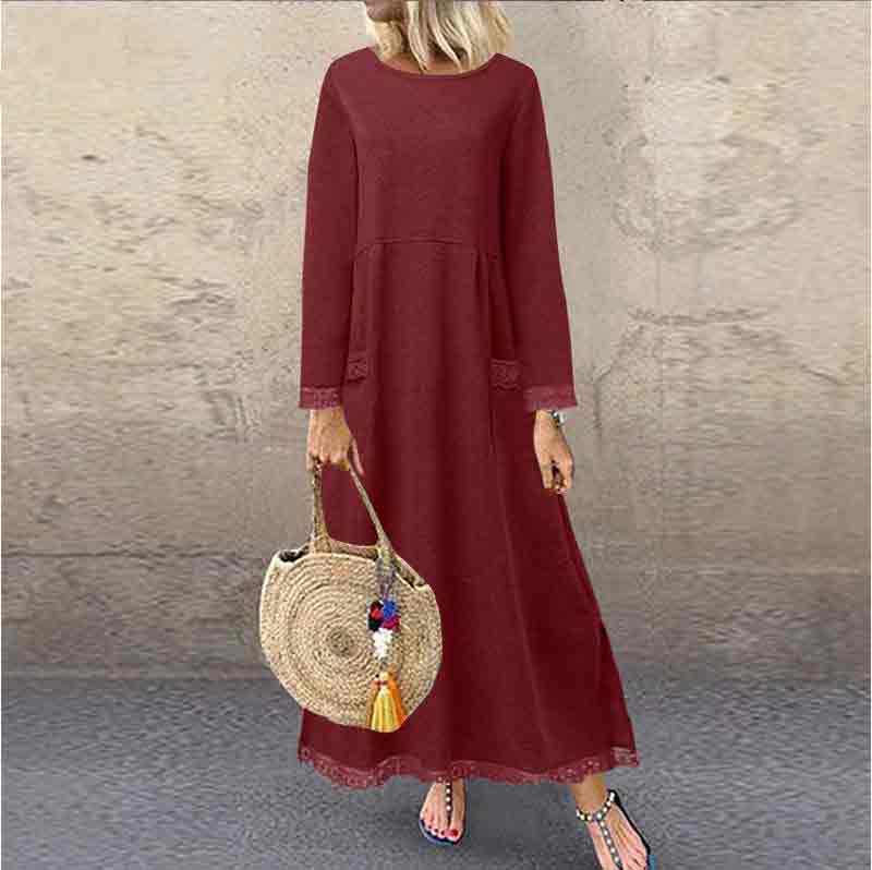 Elegant Loose Solid Color Fleece Pockets Autumn Winter Dress