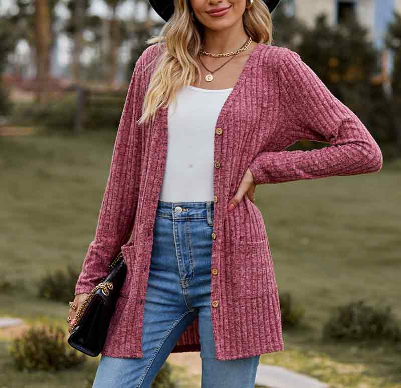 Solid Color Velvet Ribbed Buttons Autumn Winter Pockets Cardigan Top