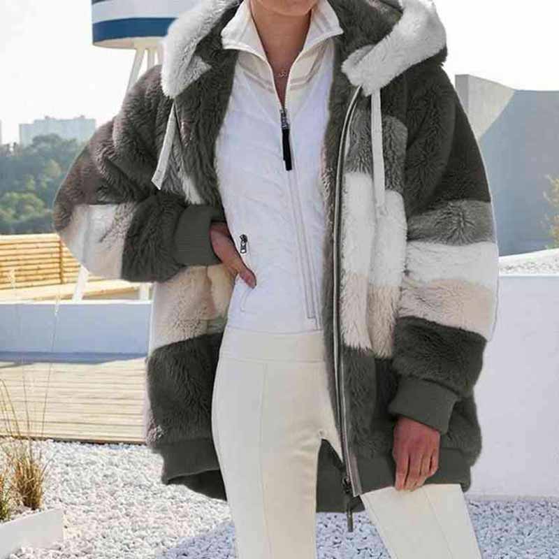 Warm Plush Color Blocking Zipper Hooded Autumn Winter Pockets Coat
