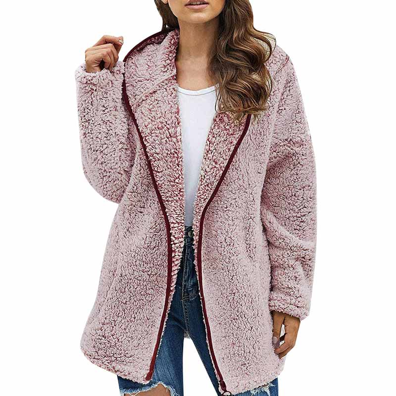 Solid Color Plush Hooded Pockets Autumn Winter Cardigan Coat