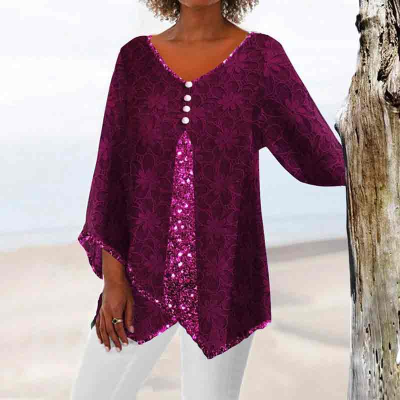 Vintage Floral Printed Button V-neck Irregular Hem Long Sleeve T-shirt