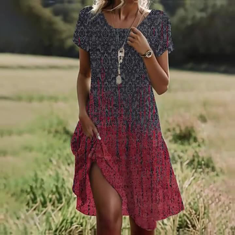 Literary Ethnic Style Floral Printed Round Neck A-line Dress