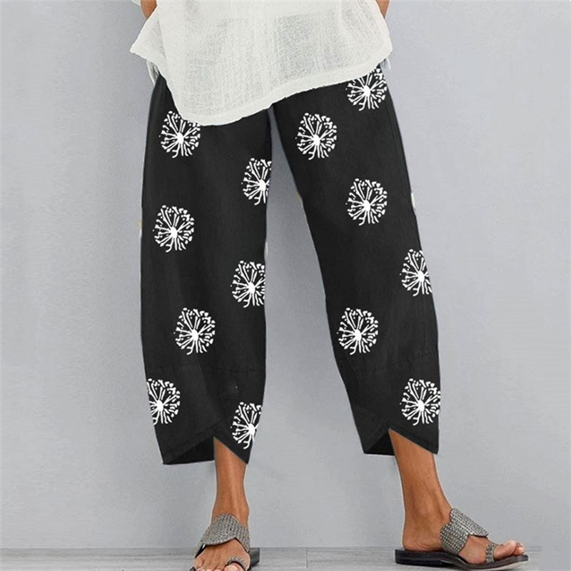 Fashion Dandelion Printed Loose Elastic Waist Pocket Pants