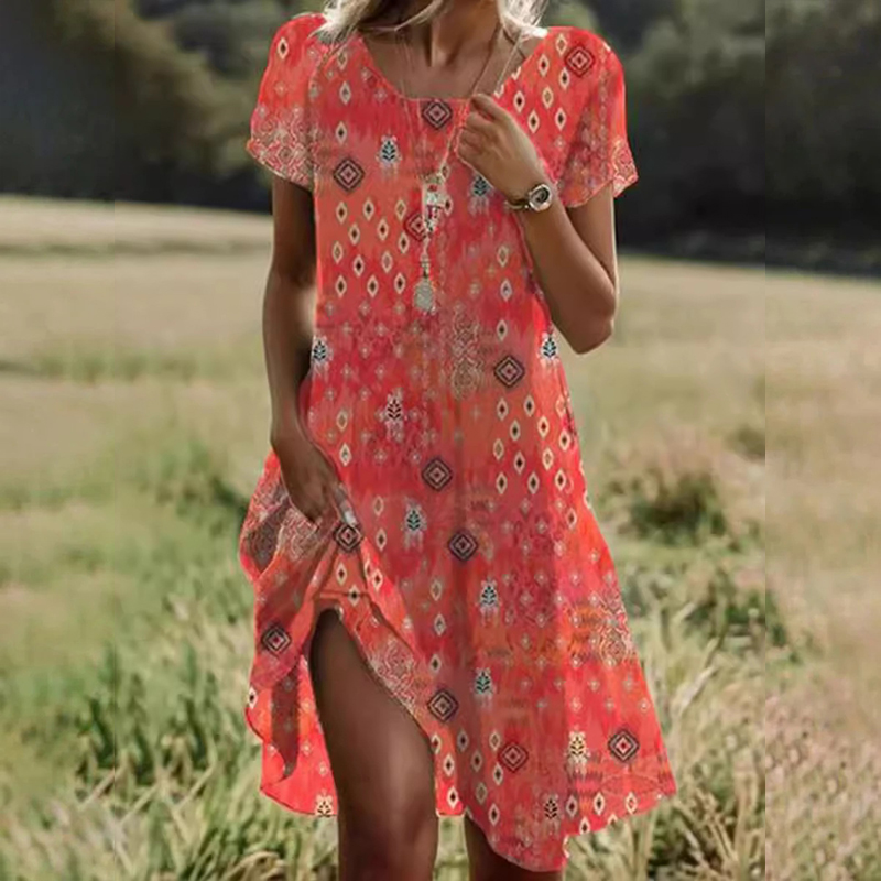 Literary Ethnic Style Floral Printed Round Neck A-line Dress