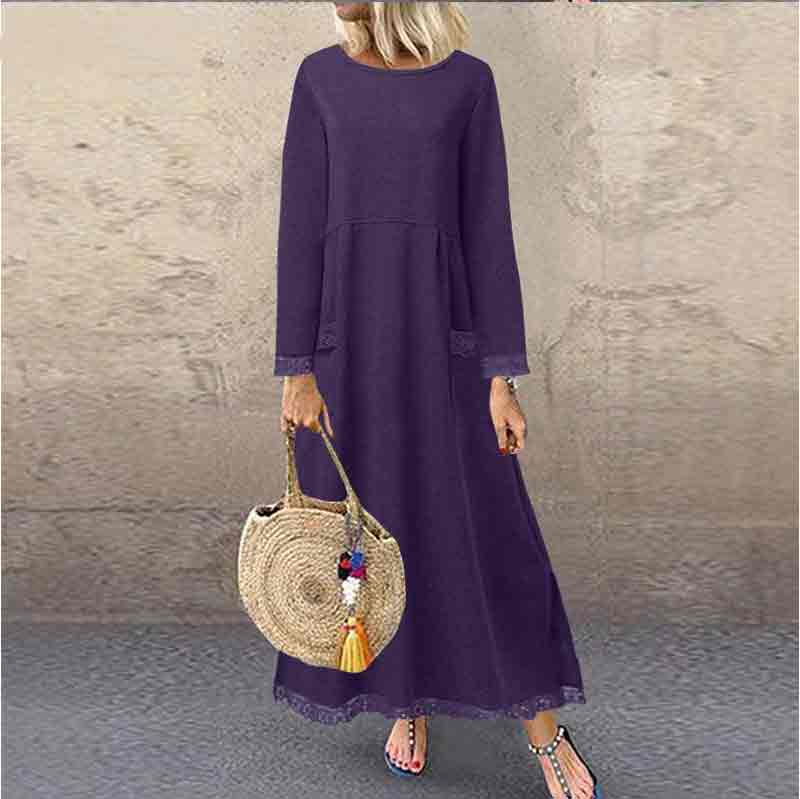 Elegant Loose Solid Color Fleece Pockets Autumn Winter Dress