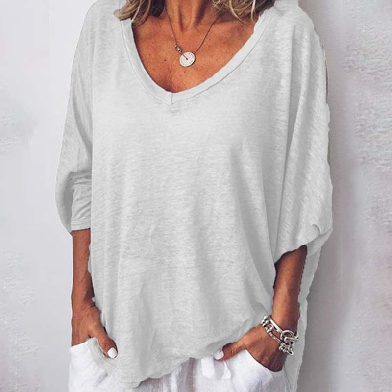 Solid Color V-neck Bat Sleeves Casual Loose T-Shirt
