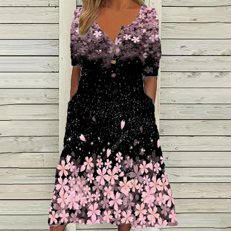 Trendy Floral Printed Button V-neck Pockets A-line Dress