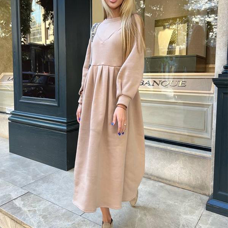 Fashion Thickened Fleece Autumn Winter Pleated A-line Sweatshirt Dress