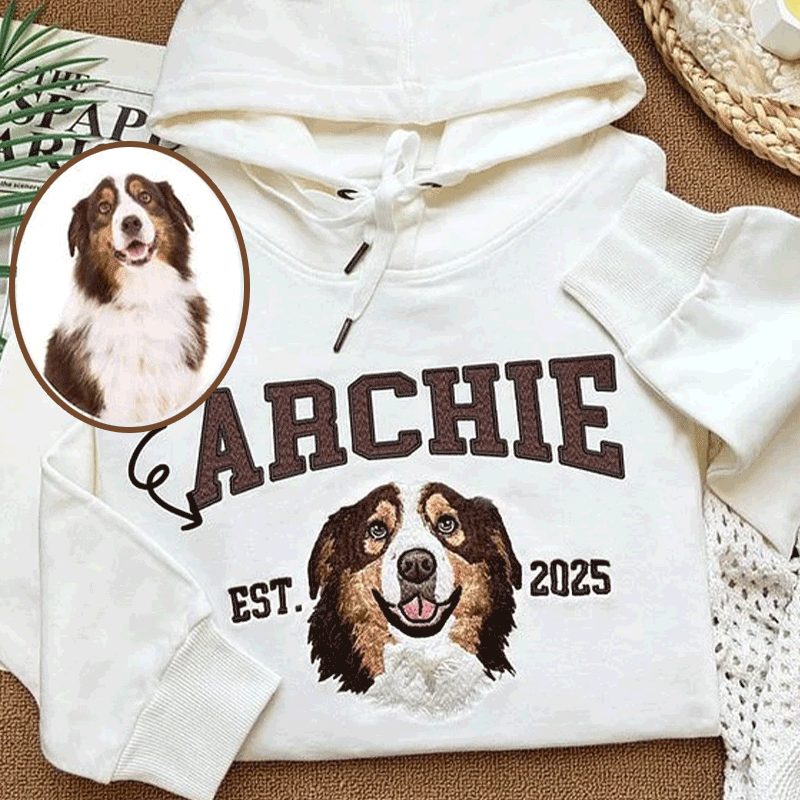 Custom Pet Portrait Embroidery Hoodie Furry Baby Face Name And Year