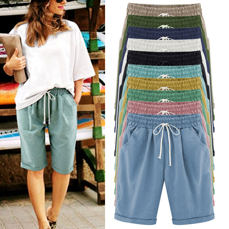 Casual Solid Color Pockets Drawstring Elastic Waist Mid-length Pants