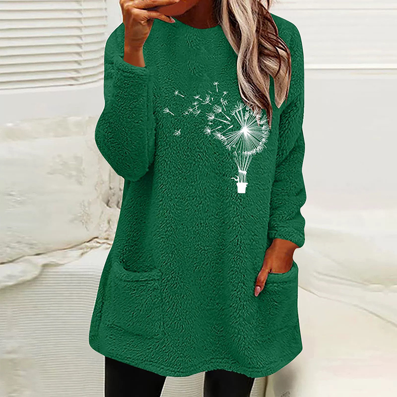 Fashion Dandelion  Printed Plush Warm Autumn Winter Pockets Long Sweatshirt