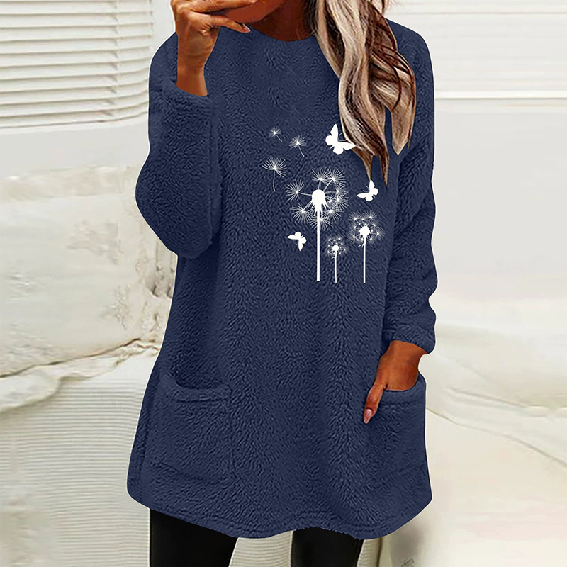 Dandelion Printed Plush Warm Autumn Winter Pockets Long Sweatshirt
