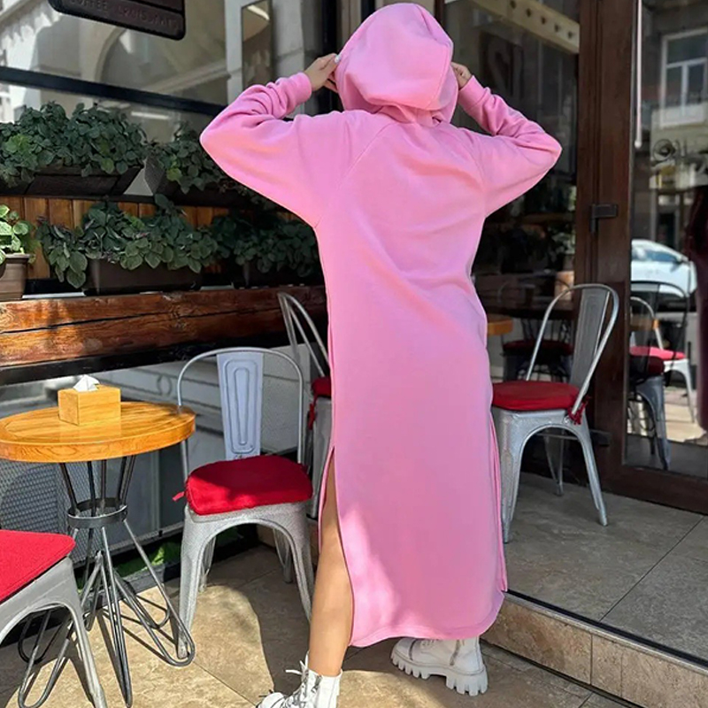 Trendy Hooded Fleece Thickened Autumn Winter Pockets Sweatshirt Dress