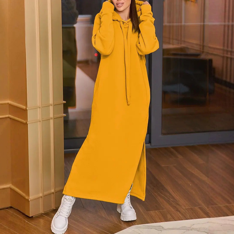 Thickened Autumn Winter Fleece Dress Hooded Pockets Sweatshirt Dress