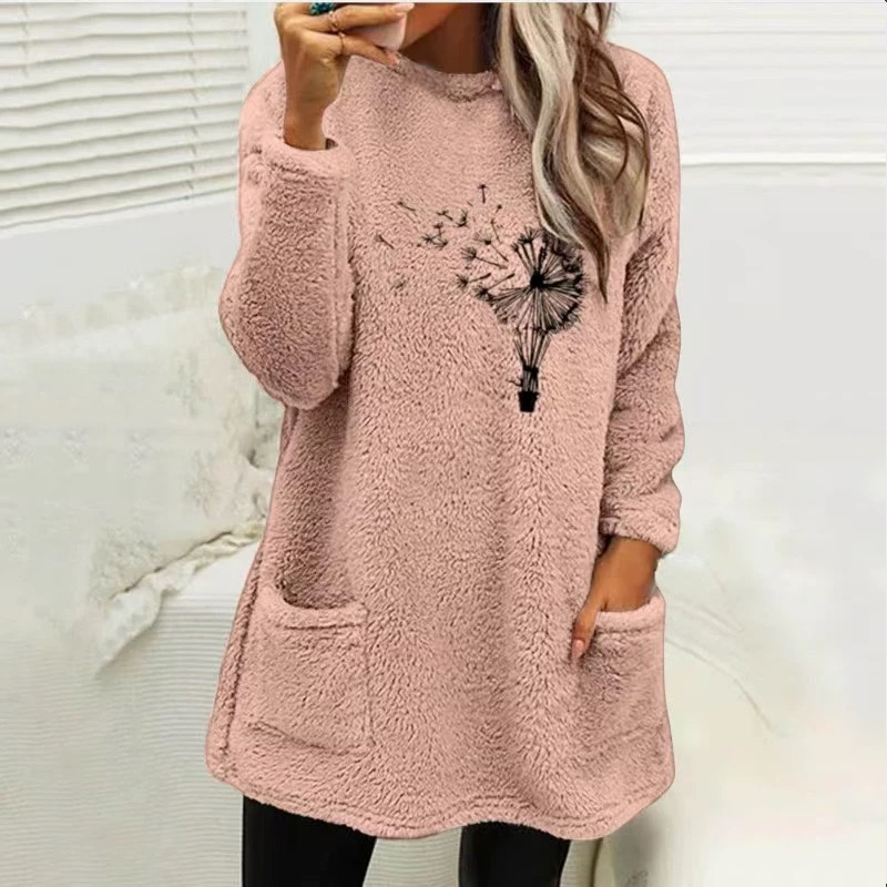 Fashion Dandelion  Printed Plush Warm Autumn Winter Pockets Long Sweatshirt