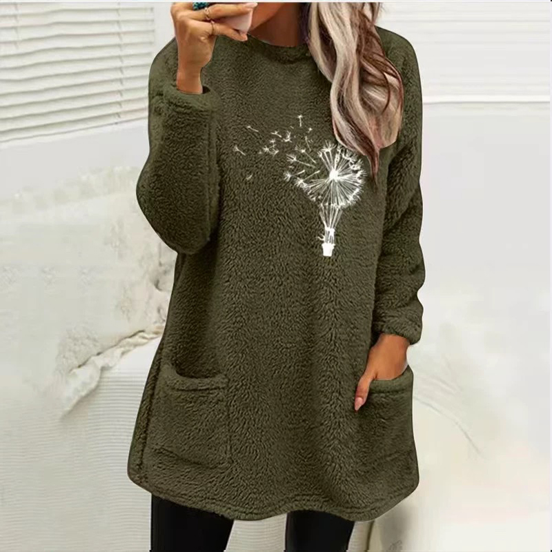Fashion Dandelion  Printed Plush Warm Autumn Winter Pockets Long Sweatshirt