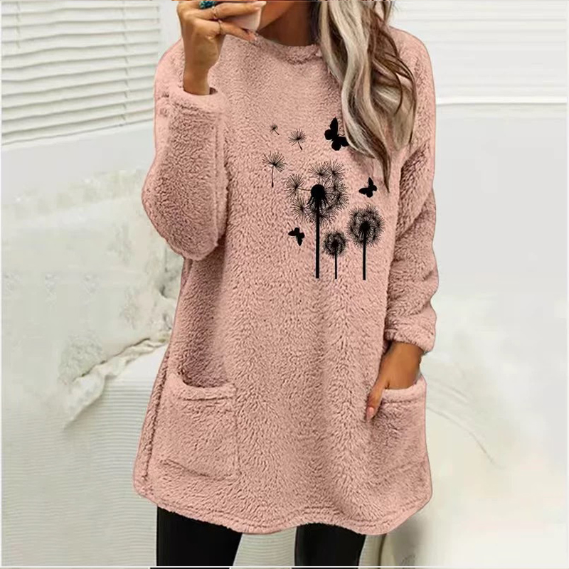 Dandelion Printed Plush Warm Autumn Winter Pockets Long Sweatshirt