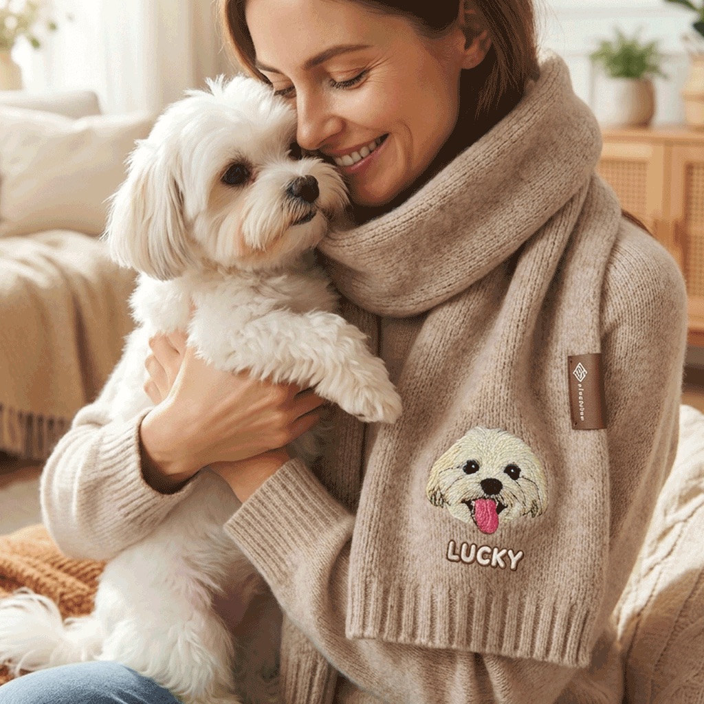 Custom Pet Portrait Embroidery Scarf Furry Baby Winter Warm Scarf